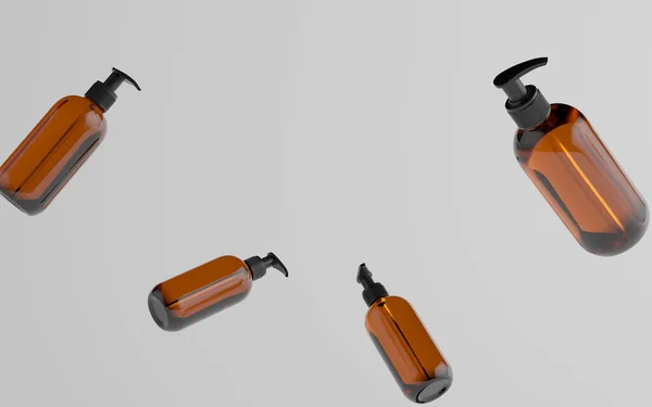 Bernsteinglasflaschen Mock Flüssigseife Shampoo Spender Mehrere Schwimmende Flaschen Illustration — Stockfoto