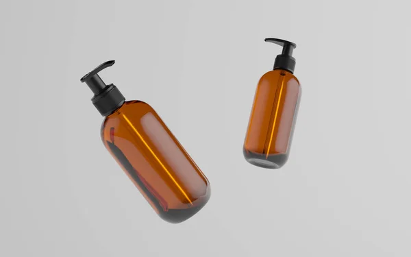 Amber Glass Pump Bottle Mock Liquid Soap Shampoo Dispenser Two — Stock Photo, Image