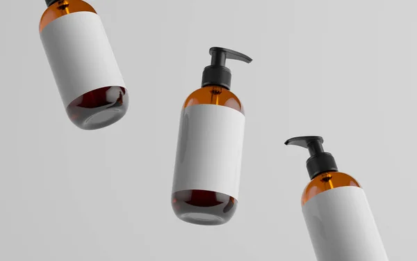 Amber Glass Pump Bottle Mock Mydło Płynie Szampon Dozownik Trzy — Zdjęcie stockowe