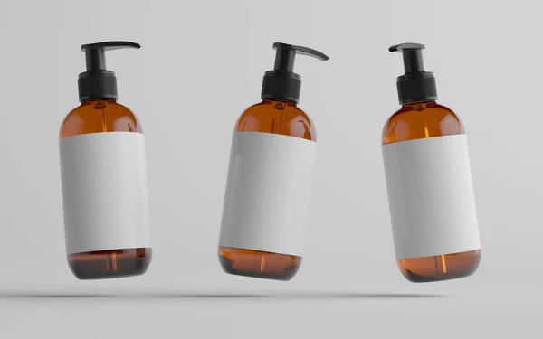 Amber Glass Pump Bottle Mock Liquid Soap Shampoo Dispenser Three — Stock Photo, Image