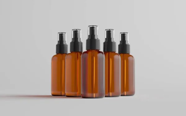 Amber Spray Bottle Mockup Múltiples Botellas Ilustración —  Fotos de Stock