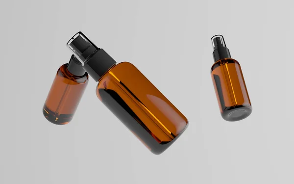 Amber Spray Bottle Mockup Múltiples Botellas Flotantes Ilustración —  Fotos de Stock