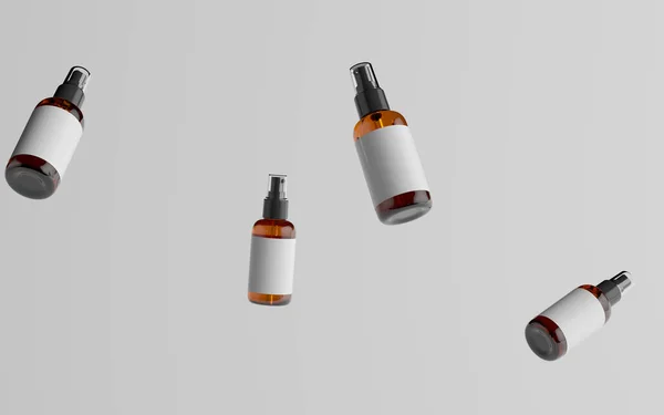Amber Spray Bottle Mockup Több Lebegő Palack Üres Címke Illusztráció — Stock Fotó
