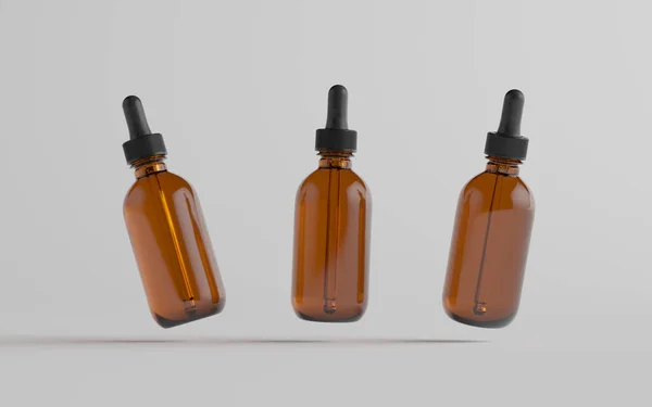 Amber Glass Dropper Bottle Mockup Drie Flessen Illustratie — Stockfoto