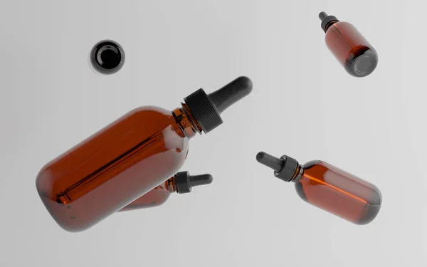 Ambra Vetro Dropper Bottiglia Mockup Bottiglie Galleggianti Multiple Illustrazione — Foto Stock