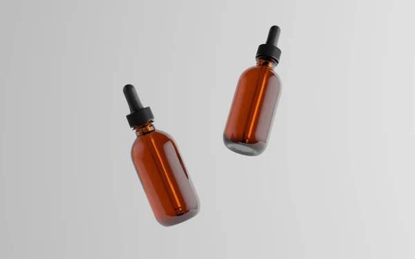 Ambra Vetro Dropper Bottiglia Mockup Due Bottiglie Galleggianti Illustrazione — Foto Stock