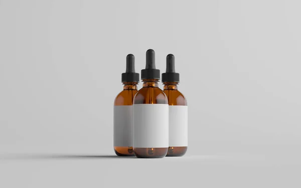 Amber Glass Dropper Bottle Mockup Three Bottles Blank Label Illustration — Stock Photo, Image