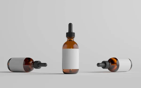 Amber Glass Dropper Bottle Mockup Three Bottles 空白标签 3D说明 — 图库照片