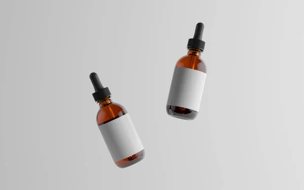 Amber Glass Dropper Bottle Mockup Twee Drijvende Flessen Blanco Etiket — Stockfoto