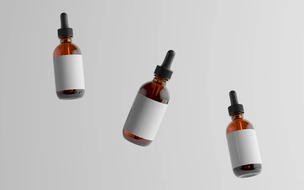 Amber Glass Dropper Bottle Mockup Trzy Pływające Butelki Czysta Etykieta — Zdjęcie stockowe