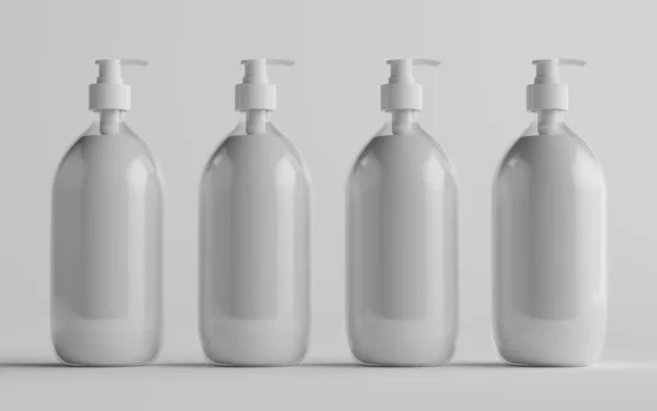 透明なプラスチックポンプボトルモックアップ 液体石鹸 シャンプーディスペンサー 複数のボトル 3Dイラスト — ストック写真