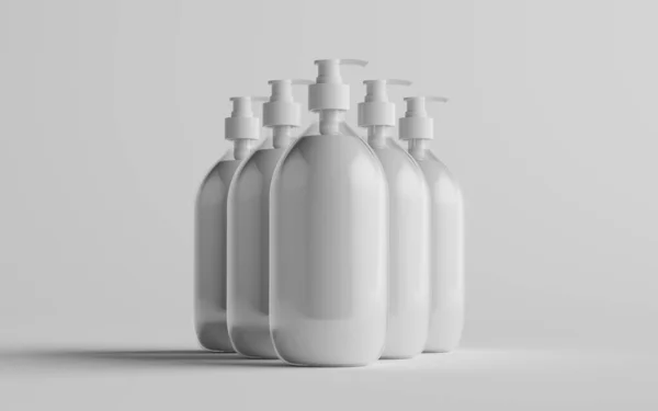 透明なプラスチックポンプボトルモックアップ 液体石鹸 シャンプーディスペンサー 複数のボトル 3Dイラスト — ストック写真
