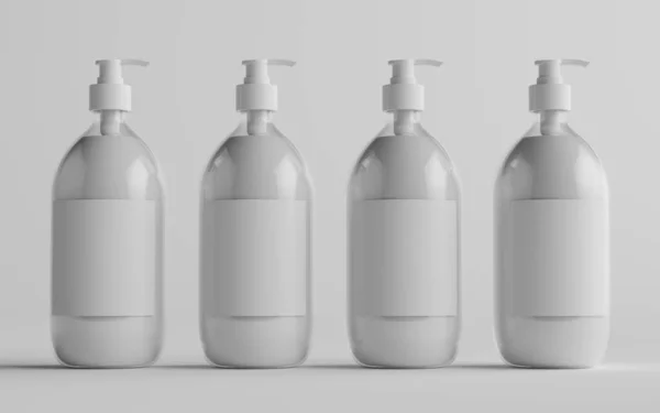 透明なプラスチックポンプボトルモックアップ 液体石鹸 シャンプーディスペンサー 複数のボトル ブランクレーベル 3Dイラスト — ストック写真