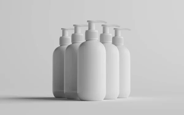 ホワイトプラスチックポンプボトルモックアップ 液体石鹸 サニタイザー シャンプーディスペンサー 複数のボトル 3Dイラスト — ストック写真