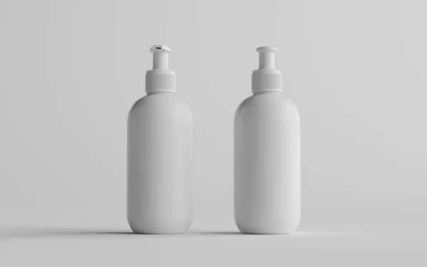 ホワイトプラスチックポンプボトルモックアップ 液体石鹸 サニタイザー シャンプーディスペンサー フロント バック 3Dイラスト — ストック写真