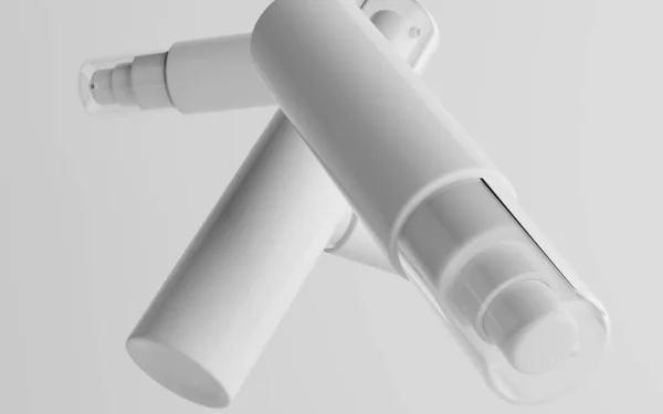 50Mlホワイトプラスチックスプレーボトルモックアップ 複数のフローティングボトル 3Dイラスト — ストック写真