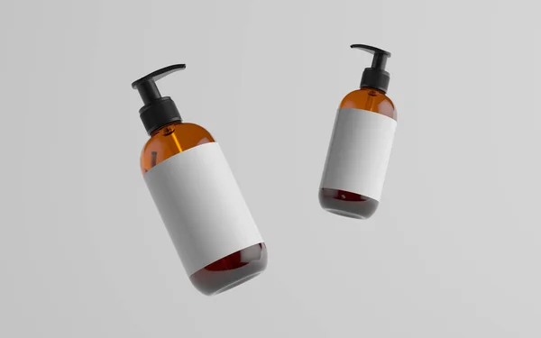 Bernsteinglasflaschen Mock Flüssigseife Shampoo Spender Zwei Schwimmende Flaschen Leeres Etikett Stockfoto