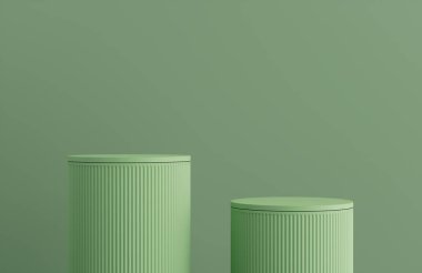 Ürün Kürsüsü - İki Yeşil Podyum, Yeşil Arkaplan. 3B Görüntü