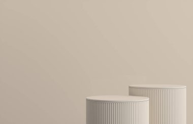 Ürün podyumu, bej podyum, bej arka plan. 3B Görüntü