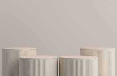 Ürün podyumu, bej podyum, bej arka plan. 3B Görüntü
