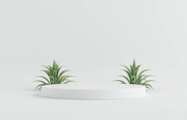 Ürün podyumu - Beyaz Podyum, Bitkilerle Beyaz Arka plan. 3B Görüntü