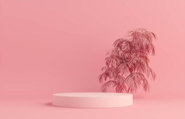 Ürün kürsüsü - Pembe Podyum, Bitkilerle Pembe Arkaplan. 3B Görüntü