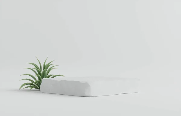 Product Podium - White Stone Podium, White Background With Plants. 3D Illustration