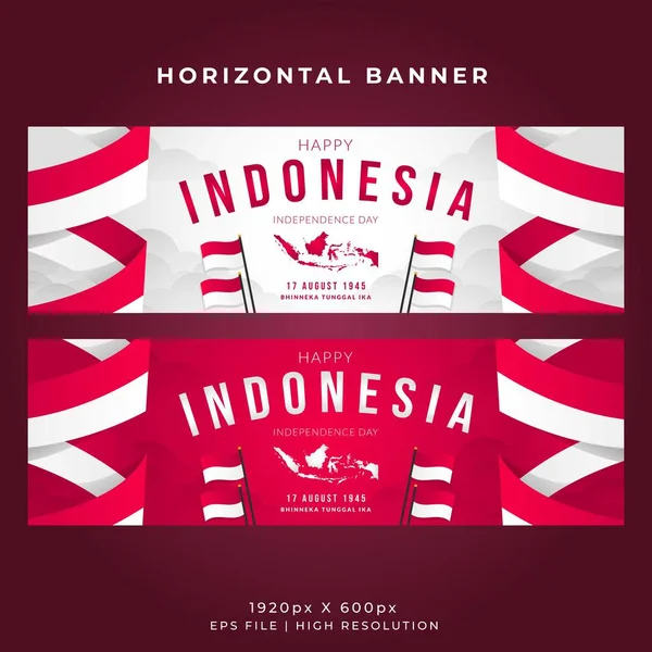 Templat Banner Horisontal Hari Kemerdekaan Indonesia Wavy Flag Dan Peta - Stok Vektor
