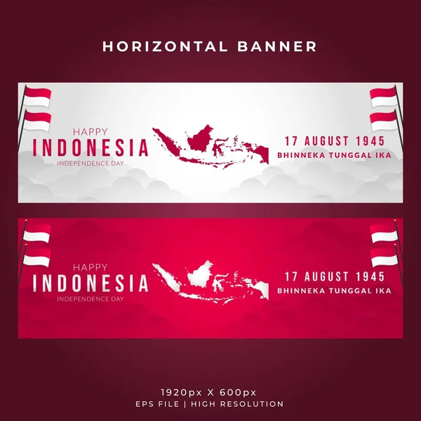 Indonesia Independence Day Horizontal Banner Template Wavy Flag Indonesian Maps — Stock Vector