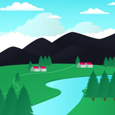 Dağ ve Nehir Manzarası İllüstrasyonu - Doğanın Görkemli Güzelliği
