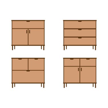 Çekmece, dolap ahşap tasarım mobilya seti beyaz üzerine izole