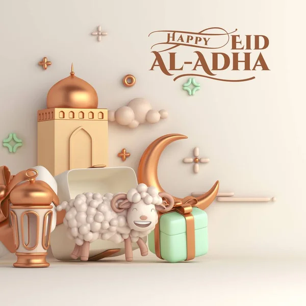 Kurban Bayramı İslam kaligrafisi altın dekoratif fenerler, kurban koyunları ve hilal ay ile altın arka planda 3D illüstrasyon