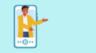 Çevrimiçi satış ve öğrenim için animasyon geçmişi, 2d açıklayıcı animasyon, yön gösteren ve online platformdan açıklayan çocuk, 4k