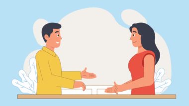 Dizüstü bilgisayar kullanan genç bir iş adamı, ofiste çalışan bir adam, evde çalışan, online kariyer yapan, evde dizüstü bilgisayarda ya da bilgisayarda çalışan serbest çalışan, 2 boyutlu animasyon 4k 'de çalışan bir çizgi film karakteri.