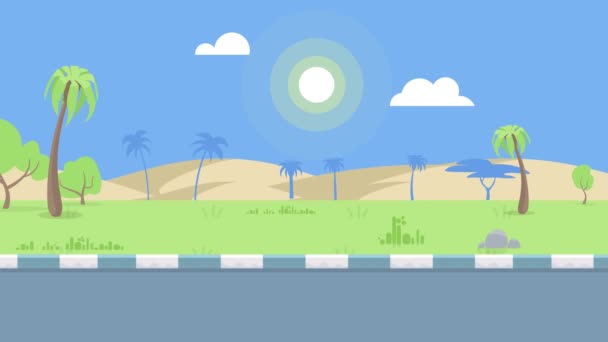 4K人行道解说器中的动画2D背景 带有长椅 建筑物 棕榈树 动画水等 库存画面 — 图库视频影像