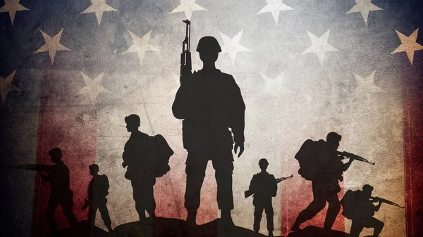 Tüfekli Asker Arka Planda Amerikan Bayrağı — Stok fotoğraf