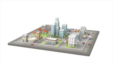 Arabalı şehir modeli. İzometrik biçim canlandırma açıklayıcıda 3d illüstrasyon