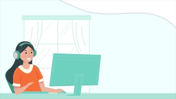 Dívka Pracující Doma Notebookem Online Učení Koncept Vzdálené Práce Vektorová — Stock video