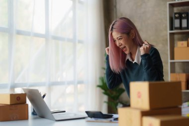 Serbest Asyalı Kadın Girişimcisi olarak açılışta kutulu bir dizüstü bilgisayar kullanarak online pazarlama paketleme kutusu ve KOBİ fikir konseptini dağıtma başarısı.