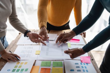 Bir grup ux geliştirici ve ui tasarımcı modern ofisteki uygulama arayüzü tasarımı hakkında beyin fırtınası yapıyorlar. Yaratıcı dijital geliştirme ajansı.