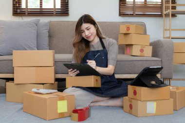 Serbest Asyalı Kadın Girişimcisi olarak açılışta kutulu bir dizüstü bilgisayar kullanarak online pazarlama paketleme kutusu ve KOBİ fikir konseptini dağıtma başarısı.
