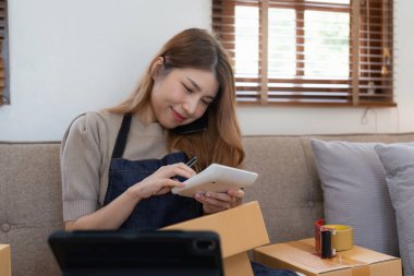 Serbest Asyalı Kadın Girişimcisi olarak açılışta kutulu bir dizüstü bilgisayar kullanarak online pazarlama paketleme kutusu ve KOBİ fikir konseptini dağıtma başarısı.