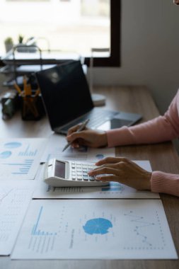 İş danışmanları konuyu mali raporda görüldüğü gibi değerlendirmek ve tartışmak için toplanıyorlar. Finansal danışman, yatırım danışmanı ve muhasebe konsepti.