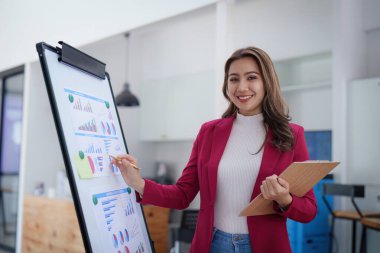 Beautiful business woman analyze fund investment. Business Consulting, meeting, finance investment concept.