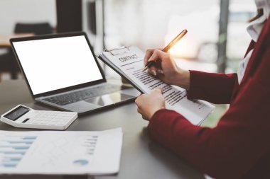 Business person or Real Estate agent explain signing agreement for buying house. Bank manager and real estate concept..