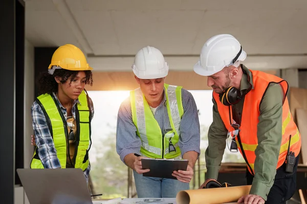 Architect Team Working Blueprints Architectural Plan Engineer Sketching Construction Project — Stock Photo, Image