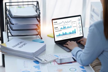 Dizüstü bilgisayarda çalışan ve belge, vergi, takas, araştırma, muhasebe ve mali danışman konsepti üzerinde çalışan muhasebeci kadın.