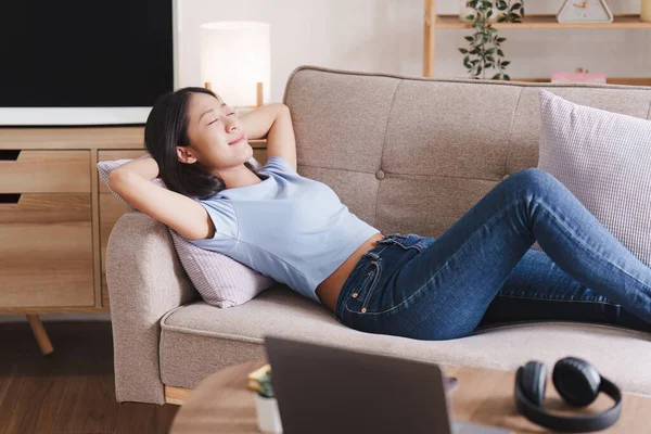 stock image Attractive Asian woman resting comfortable living room and using laptop computer, Relax, Sofa, Lifestyle.