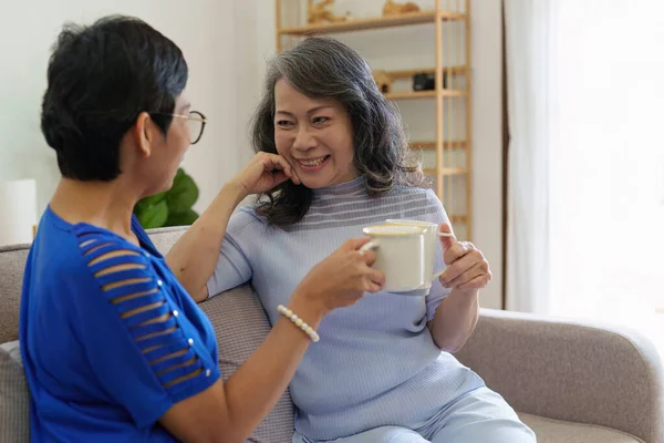 Asiatiska Äldre Kvinnor Och Vänner Som Använder Sociala Medier Och — Stockfoto