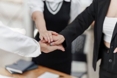 Profesyonel ekip toplantı odasında başarıyı kutluyor. Birbirinize beşlik çakın. iş finansmanı, takım çalışması.